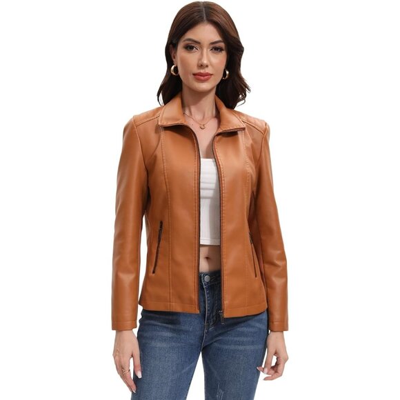 Women Camel Faux Leather Motorcycle Jacket Zip Up Trendy Going Out Coat - Picture 2 of 6